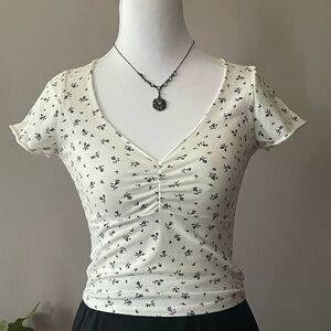 SOLD! Brandy Melville Cream Floral Ruched V-Neck Crop Top